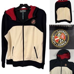 Ralph Lauren Active Hoodie Jacket Womens Sz Large Black Ivory Full Zip Logo